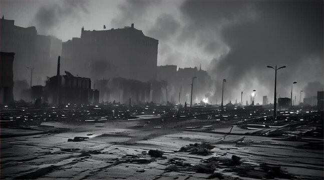3D illustration of a brutal war scene, destroyed city after war on the battlefield.