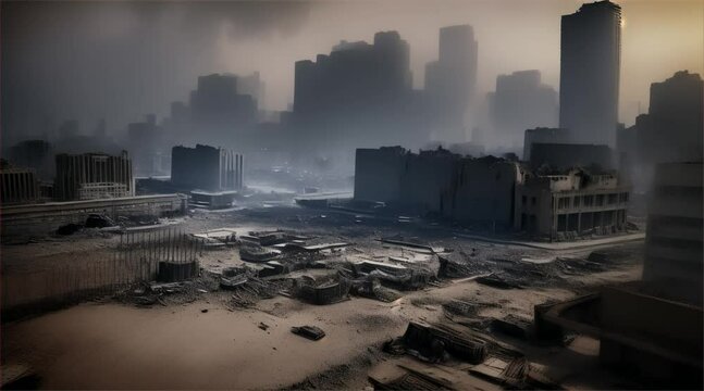 3D illustration of a brutal war scene, destroyed city after war on the battlefield.