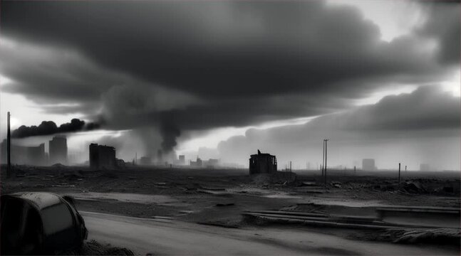 3D illustration of a brutal war scene, destroyed city after war on the battlefield.