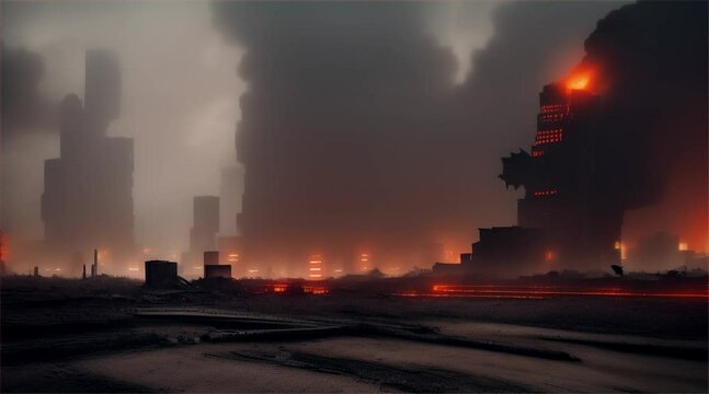 3D illustration of a brutal war scene, destroyed city after war on the battlefield.