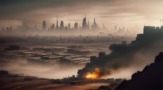 3D illustration of a brutal war scene, destroyed city after war on the battlefield.
