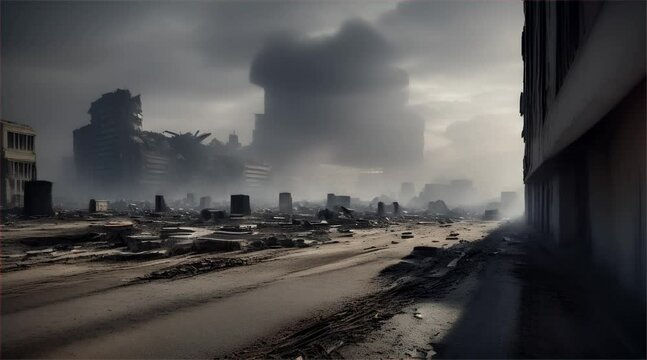 3D illustration of a brutal war scene, destroyed city after war on the battlefield.
