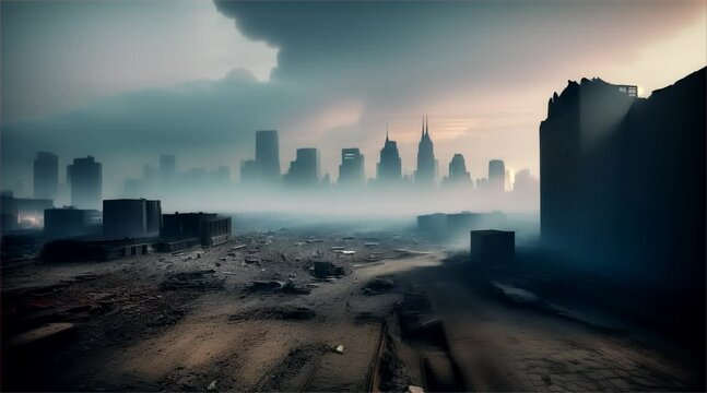 3D illustration of a brutal war scene, destroyed city after war on the battlefield.