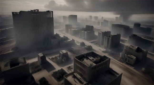 3D illustration of a brutal war scene, destroyed city after war on the battlefield.