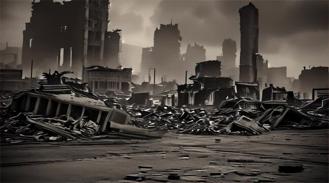 3D illustration of a brutal war scene, destroyed city after war on the battlefield.