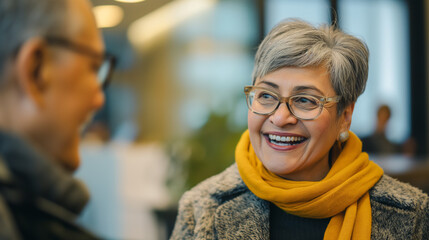 Smiling woman with glasses and yellow scarf talking to man