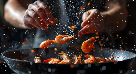 seafood professional cook prepares shrimps with spri.