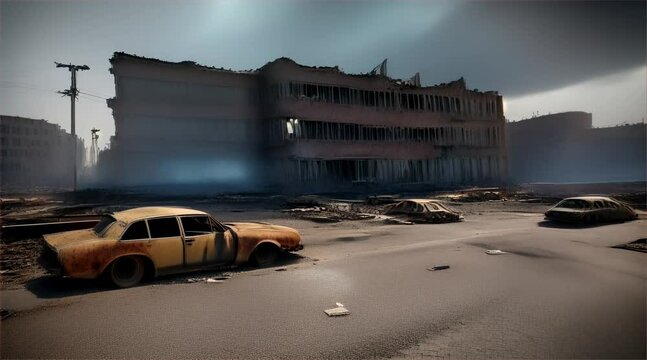 3D illustration of a brutal war scene, destroyed city after war on the battlefield.