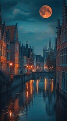 Fototapeta premium Old buildings and the big moon in European cities