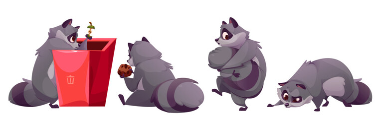 Cute racoon character set. Funny raccoon cartoon drawing. Wild thief mascot with garbage looking for cookie. Black robber with tail sitting and eating or searching for food in trash collection © klyaksun
