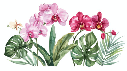 Watercolor orchids tropical flowers and leaves