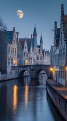 Fototapeta premium Old buildings and the big moon in European cities