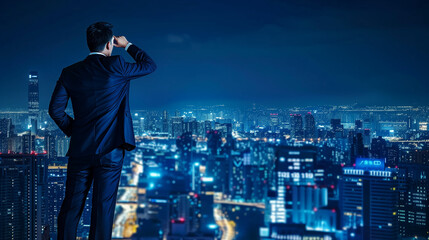 A business executive standing on a high-rise rooftop, overlooking a city skyline
