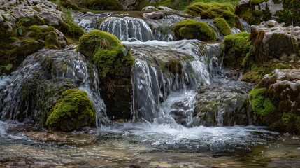 Fototapeta premium The water of a mountain stream flows clean and transparent over a rocky waterfall surrounded by stone boulders covered with moss, creating a magical landscape full of charm and harmony.