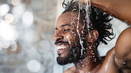 A man happily washing his hair in the shower, where bubbles of foam float in the air and the water flows gently over his skin, giving him refreshing comfort.
