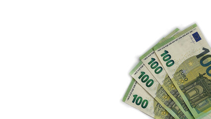 Four 100€ bills. Euro: 400 euro. Europian money. EU money. Isolated on white horizontal background. 