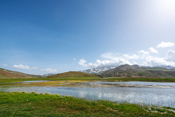 Scenic views of Eğrigöl Lake and Geyik Mount which is on the Söbüçimen Plateau at the foothills of the Geyik Mountains of the Taurus Mountains, on the border of Konya and Antalya.