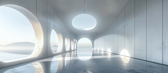 A room featuring round windows and a concrete floor