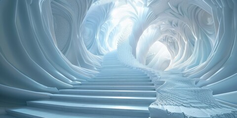 A white staircase covered in snow, stretching far into the distance