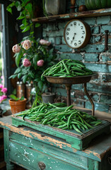 Illustration of a store selling vegetables, green beans lie on old scales, illustration in rustic style. Unusual background.