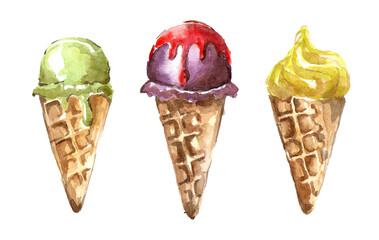 Refreshing desserts. A set of ice cream in waffle cones. Fruity lemon, berry purple and pistachio buttercream ice cream. Hand drawn watercolor painting on white background for your design