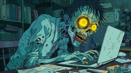 Zombie working on a laptop late at night illustration depicts the concept of overworking and burning out of energy while being online.