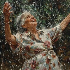 Joyful elderly woman enjoying rain in garden, expressing pure happiness and freedom, feeling connected with nature.