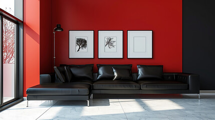 A black leather sofa with a chaise lounge extension facing a red wall that serves as a gallery for black and white photography. 