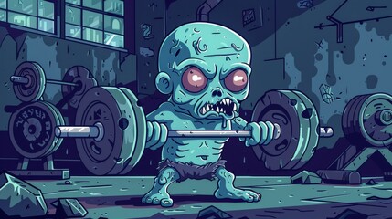 Cartoon zombie lifting weights in a gym featuring a dark and eerie workout environment with spooky details.