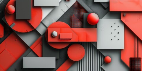 A textured abstract background featuring red and grey tones with various circles and squares overlapping each other