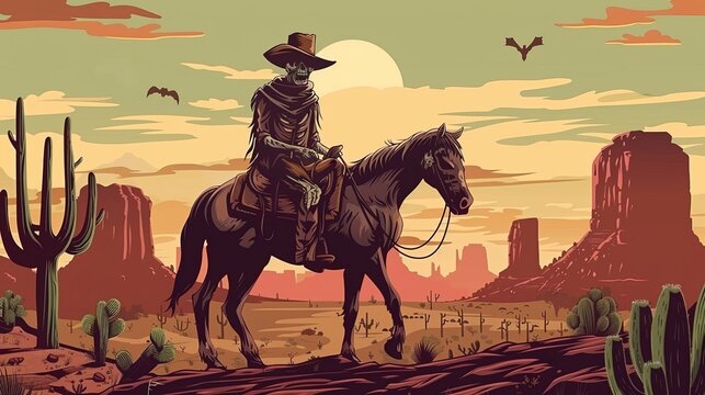 Illustration of a zombie cowboy riding a horse in a sunset desert with cacti and bats in the sky.