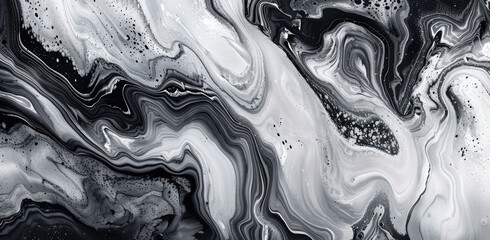 Abstract black and white marble background with fluid shapes and splashes of paint in the style of various artists. Created with Ai