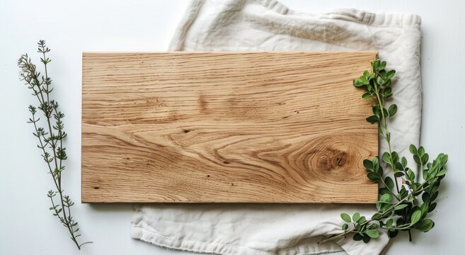 Photo of a wooden kitchen board on top of two linen napkins, laid out flat on an off-white surface with some greenery beside it