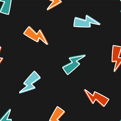Seamless pattern with colorful lightning bolt and black background