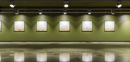 Panoramic mock up poster gallery with olive green wall, polished floor, and bright spotlights.