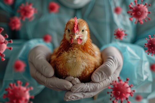 An unwell, drained chicken in a doctor's rubber-gloved hands, depicting bird flu and infection transmission