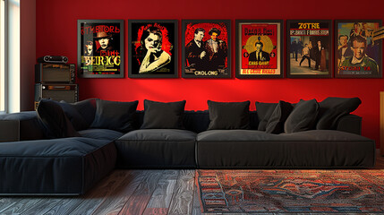 A black modular sofa with a low profile, set against a red wall with a collection of vintage movie posters. 