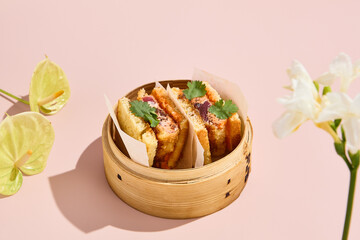 Asian Sando Sandwich with Tuna in a Steamer, Pastel Tones with Surreal Spring or Summer Flowers