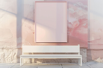 Modern gallery setting with a white bench and blank blush pink frame at sunrise