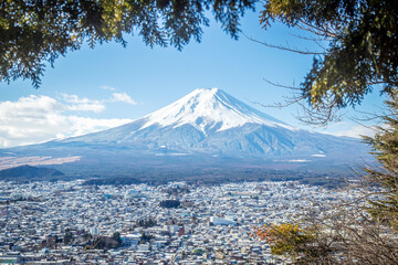 Snow covered Mt Fuji from Chureito Pagoda in Yamanashi Perfecure  Japan in Winter