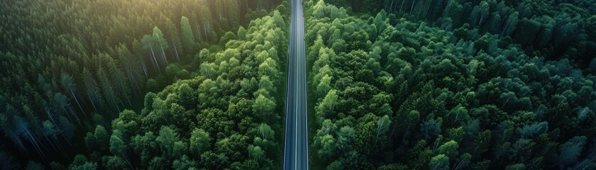 Aerial view of a road cutting through a dense, vibrant forest illuminated by sunlight, showcasing the beauty of nature and serene travel routes.