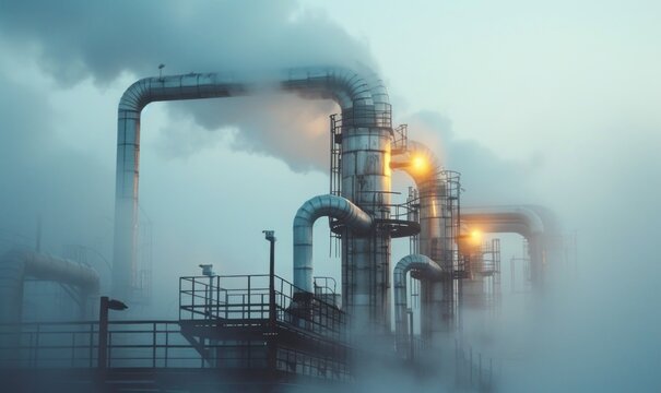 oggy steam pipes in an industrial setting, emphasizing the engineering of heating systems and pipelines. Essential for heat power engineering and the upkeep of industrial equipment