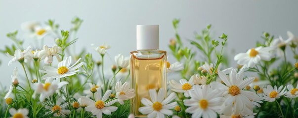 A bottle of perfume nestled in a field of white daisies, evoking a sense of natural beauty and fragrance