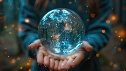A conceptual depiction of hands holding a protective bubble around a person. stock image