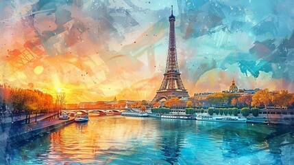 Dreamy Watercolor Eiffel Tower Paris Cityscape with River and Sunset