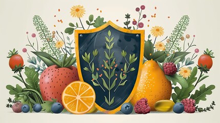 An abstract illustration of a shield with vitamins, symbolizing nutritional protection. photo