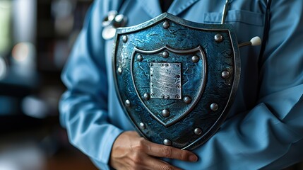 An image of a doctor with a shield and stethoscope, representing medical protection. stock photo