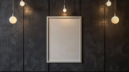 An elegant gallery space with a blank white frame mockup on a dark charcoal wall, surrounded by...