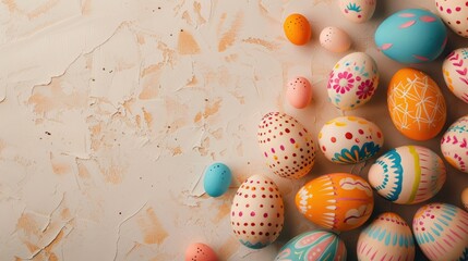Vibrantly painted Easter eggs on a neutral background from above with space for text