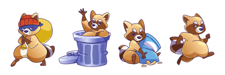 Cute brown racoon mascot character in different poses. Cartoon funny wild animal in black face mask stealing bag and sneaking, sitting in trash can and waving hand, hugging pack of chips and running. © klyaksun